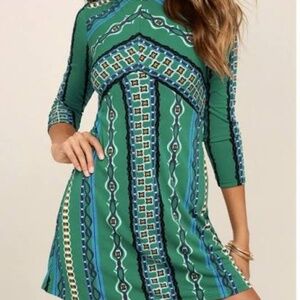 Free People Green Patterned 3/4 Sleeve Dress Blue Yellow Zip Back Women’s Size M